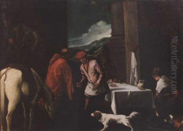Travellers Taking Refreshment At A Country Inn Oil Painting by Jacopo Bassano (Jacopo da Ponte)