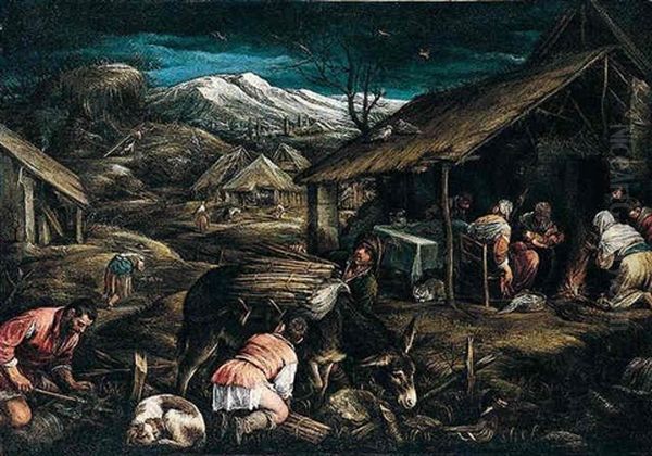 A Mountainous Landscape With Peasants Gathering Firewood, Others Gathered With A Newborn Around A Fire (winter) Oil Painting by Jacopo Bassano (Jacopo da Ponte)