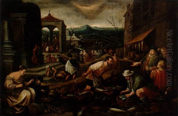 Fiskmarknad Oil Painting by Jacopo Bassano (Jacopo da Ponte)