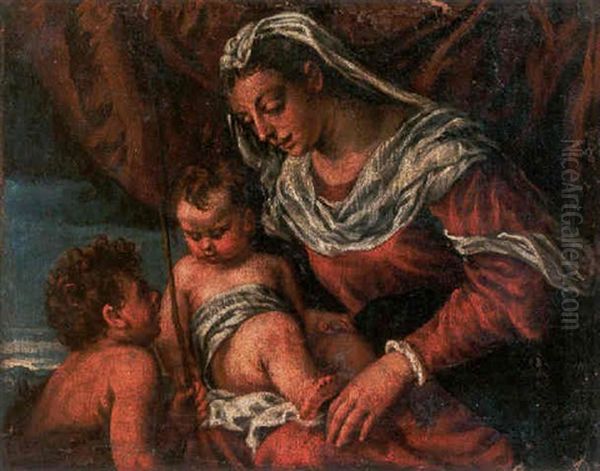 The Madonna And Child With The Infant St. John Oil Painting by Jacopo Bassano (Jacopo da Ponte)