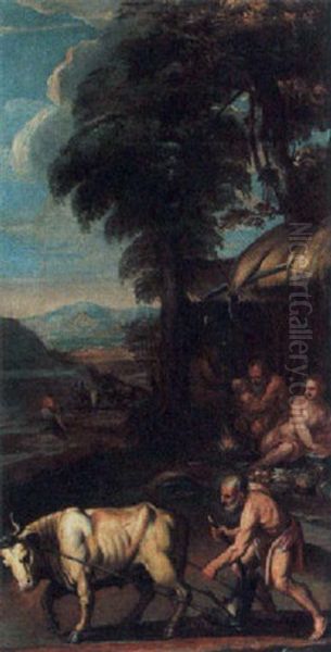 A Peasant With A Ploughing Ox And A Family Sitting By A Fire Oil Painting by Jacopo Bassano (Jacopo da Ponte)