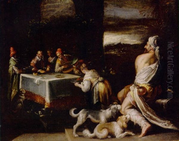 Dives And Lazarus Oil Painting by Jacopo Bassano (Jacopo da Ponte)