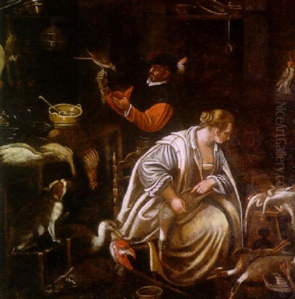 An Interior Scene With A Male Figure Holding A Falcon And An Apple And A Lady Plucking A Duck With Numerous Other Fowl And A Cat On A Chair In The Foreground Oil Painting by Jacopo Bassano (Jacopo da Ponte)