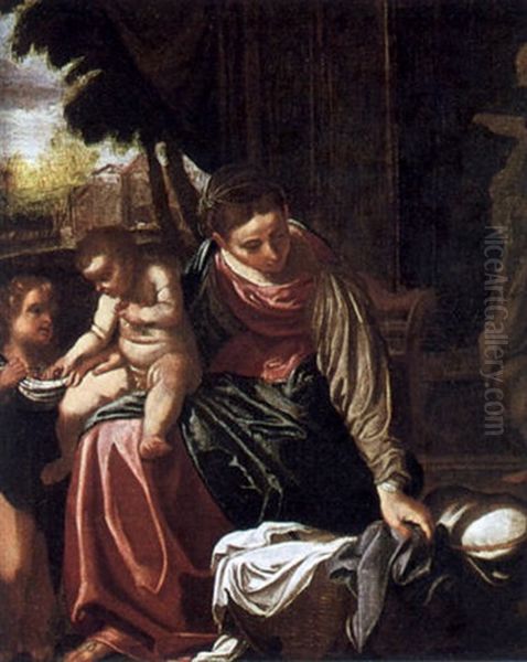 Maria Mit Dem Kind Und Einem Engel, Der Dem Jesusknaben Kirschen Reicht Oil Painting by Jacopo Bassano (Jacopo da Ponte)