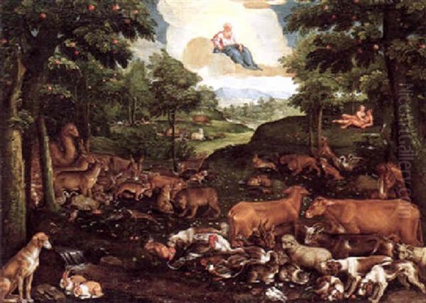 Adam And Eve In Paradise Oil Painting by Jacopo Bassano (Jacopo da Ponte)