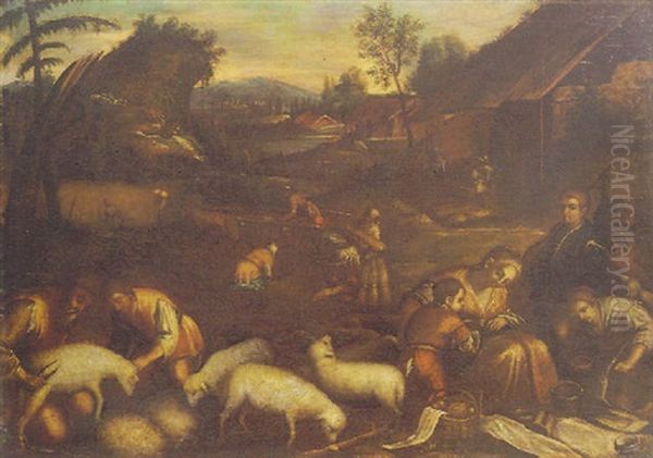 Paesaggio Con Contadini In Primo Piano Oil Painting by Jacopo Bassano (Jacopo da Ponte)