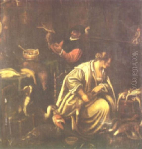 An Interior Scene With A Male Figure Holding A Falcon And A Lady Plucking Duck Oil Painting by Jacopo Bassano (Jacopo da Ponte)