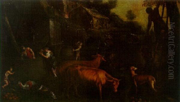 Peasants Harvesting Grapes By A Farmstead - An Allegory Of Autumn Oil Painting by Jacopo Bassano (Jacopo da Ponte)