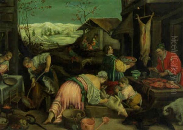 Peasants Preparing A Meal In A Village, Snow Covered Mountains Beyond Oil Painting by Jacopo Bassano (Jacopo da Ponte)