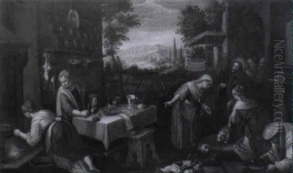 Le Christ Chez Marthe Et Marie Oil Painting by Jacopo Bassano (Jacopo da Ponte)