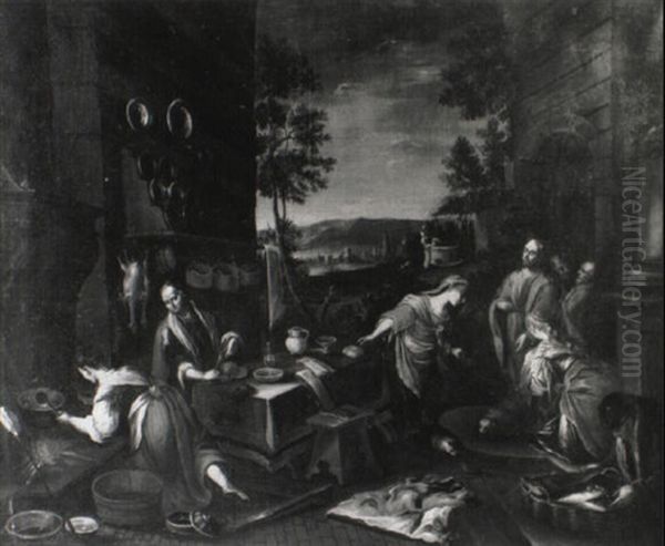 Christ In The House Of Martha And Mary Oil Painting by Jacopo Bassano (Jacopo da Ponte)