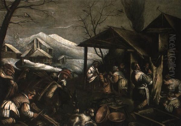 Peasants Before A Farmhouse - Winter Oil Painting by Jacopo Bassano (Jacopo da Ponte)