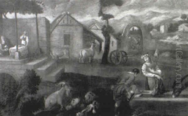 Farm Yard Scene Oil Painting by Jacopo Bassano (Jacopo da Ponte)