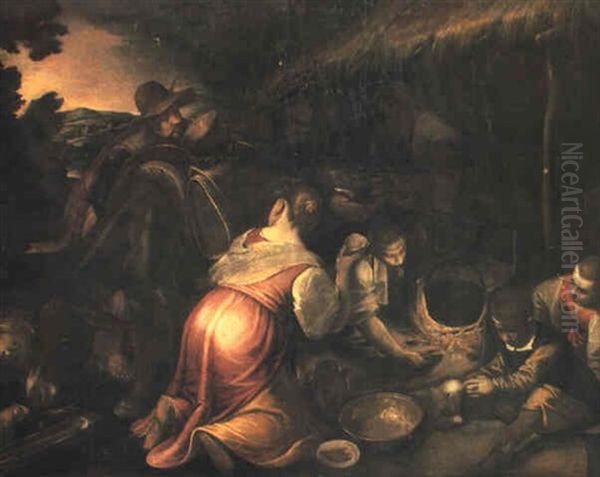 Peasant Family Preparing A Meal By An Open Barn Oil Painting by Jacopo Bassano (Jacopo da Ponte)