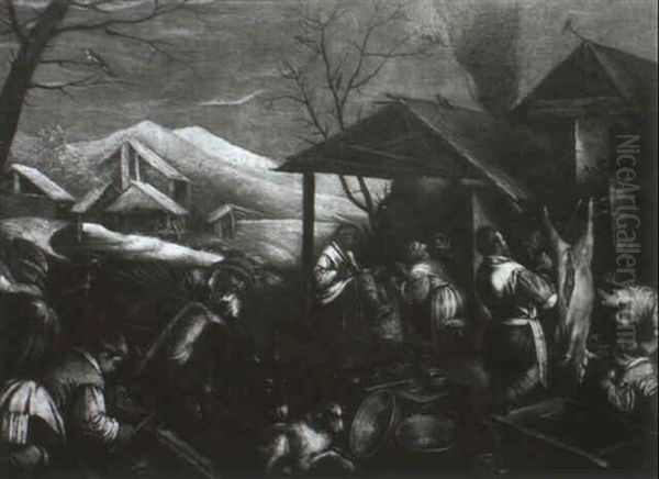 Winter- Vor Stallgebauden Reiche Bauerliche Staffage Oil Painting by Jacopo Bassano (Jacopo da Ponte)