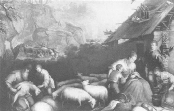 Mountainous Landscape With A Shepherd                       Shearing Sheep Beside His Family Oil Painting by Jacopo Bassano (Jacopo da Ponte)