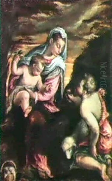 Madonna And Child With The Infant Saint John The Baptist    In A Landscape Oil Painting by Jacopo Bassano (Jacopo da Ponte)