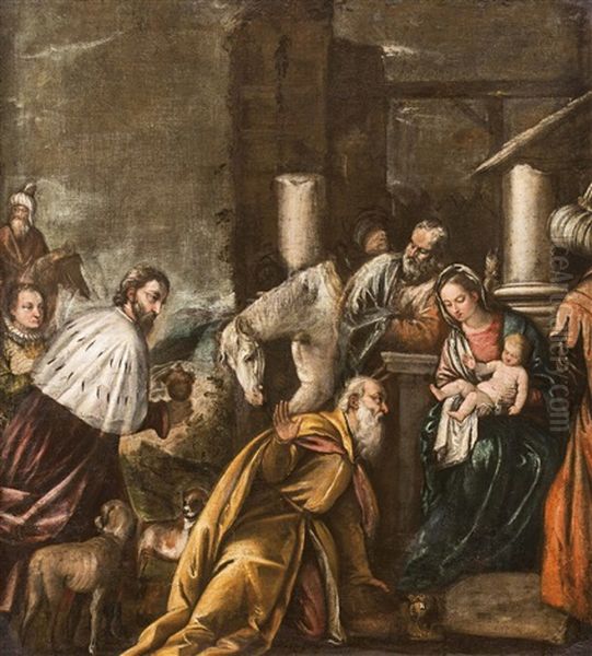 Werkstatt Die Anbetung Der Heiligen Drei Konige Ruckseitig Auf Leinwand Und Keilrahmen Reste Alter Siegel Oil Painting by Leandro Bassano