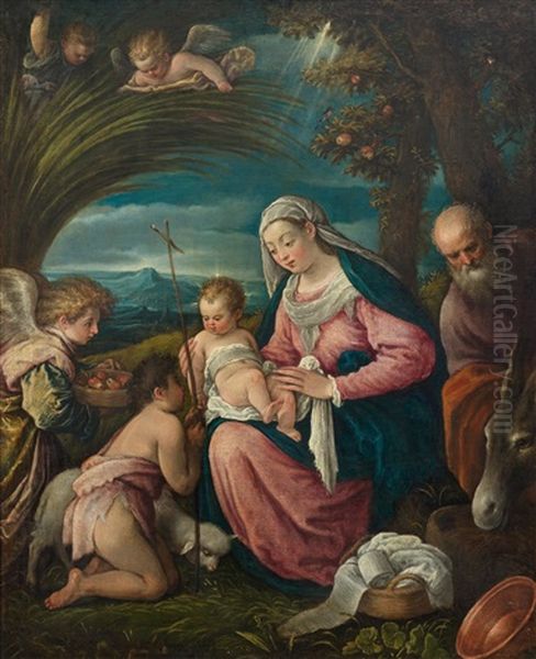 The Holy Family With John And An Angel Oil Painting by Leandro Bassano