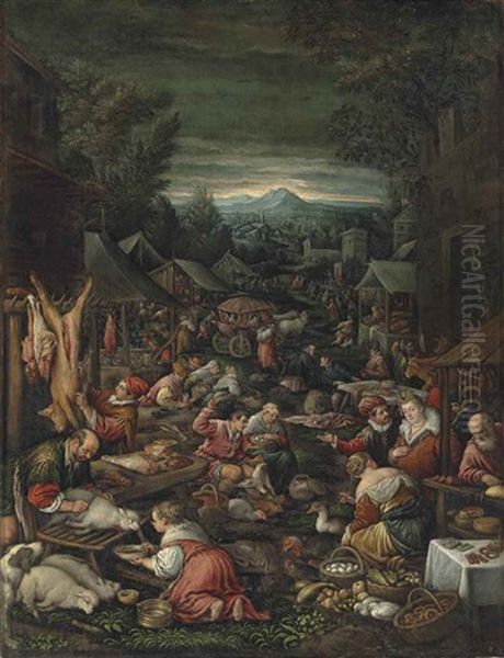 A Village On Market Day With Poultry And Other Livestock Oil Painting by Leandro Bassano