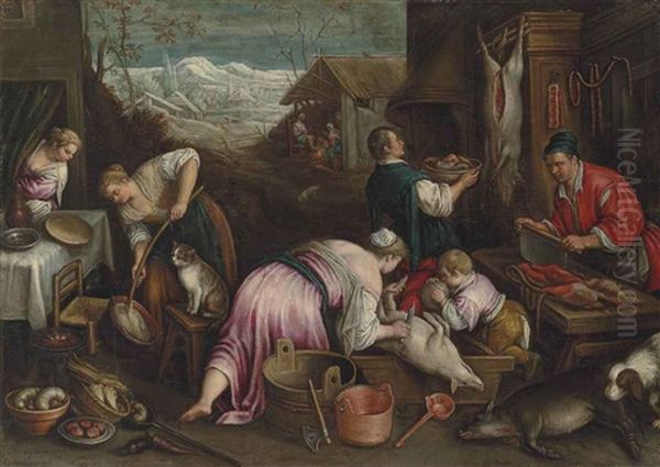 December: A Village In Winter With Figures Slaughtering A Pig, Others By A Fire In A Cottage, With Snow-covered Mountains In The Distance Oil Painting by Leandro Bassano