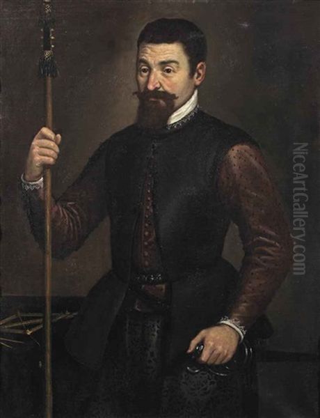 Portrait Of A Military Engineer, Three-quarter-length, In A Purple Silk Coat And Black Doublet, Holding A Staff And A Sword, Measuring Instruments... Oil Painting by Leandro Bassano