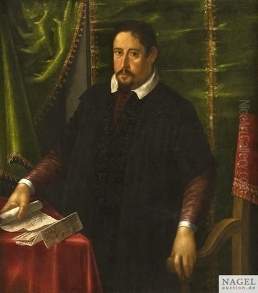 Bildnis Eines Adligen Herrn Im Dunklen Gewand Mit Brokatbesatz Als Kniestuck. Oil Painting by Leandro Bassano