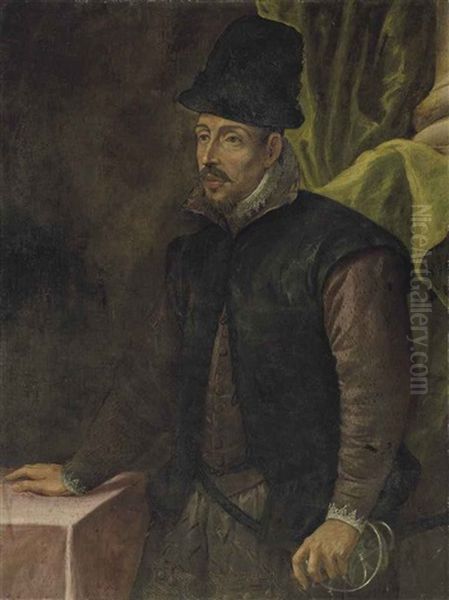 Portrait Of A Man, Three-quarter-length, In A Mauve Doublet, Lace Cuffs And Collar, And A Black Hat, His Left Hand Resting On The Hilt Of His Saber Oil Painting by Leandro Bassano