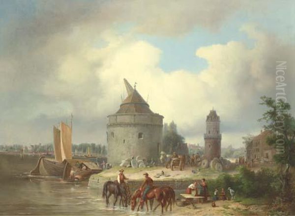 A Great Stone Mill On A River, With Mounted Tradesmen, Peasantworkers, Merchant Sailing Craft, Outbuildings, A Thriving Townbeyond Oil Painting by Karl August Aerttinger