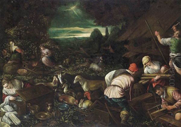 Noe E Sua Famiglia, Che Fanno L'arca Per Il Diluvio Universale Oil Painting by Leandro Bassano