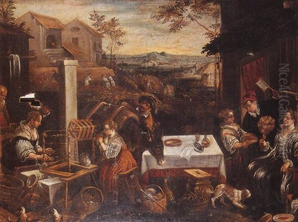 Scene De Campagne Avec Un Metier A Filer Oil Painting by Leandro Bassano