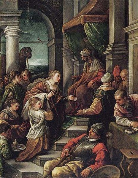 The Queen Of Sheba Before King Salomon Oil Painting by Leandro Bassano