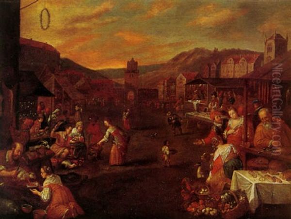 An Open Market Scene With Numerous Figures At Stalls In The Foreground And A Town Beyond Oil Painting by Leandro Bassano