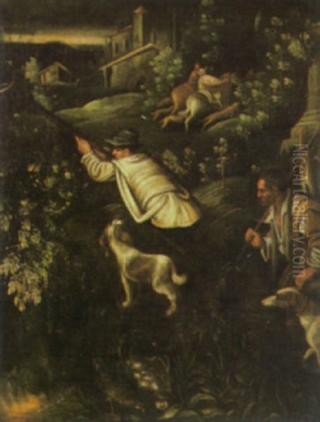 A Huntsman With His Servant In Attendance, With A Hunting Party And Buildings Beyond And A Quail By Her Nest In The Foreground Oil Painting by Leandro Bassano