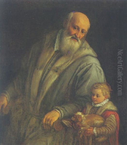 Portrait Of A Bearded Man (titian?) Seated In A Chair Beside A Little Girl Holding A Dog Oil Painting by Leandro Bassano