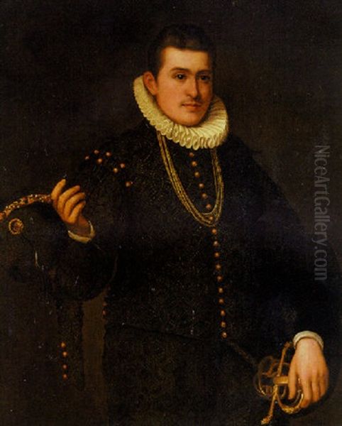 Portrait Of A Young Gentleman In An Embroidered Black Doublet With Gold Buttons, Doffing His Hat In Salute Oil Painting by Leandro Bassano