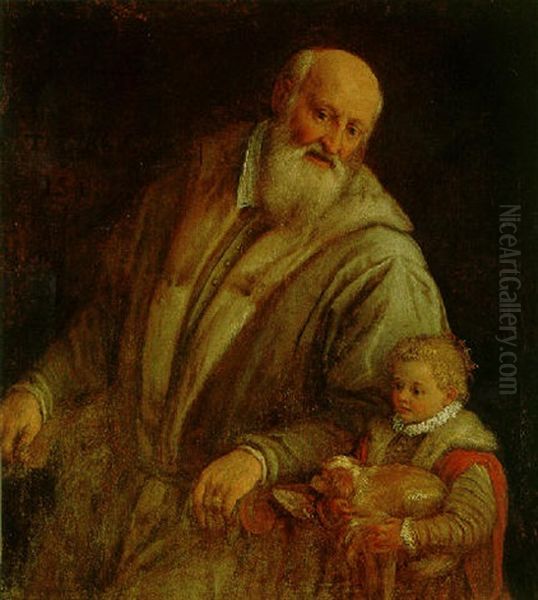 Portrait Of A Bearded Man, Seated In A Chair Beside A Little Girl Holding A Dog Oil Painting by Leandro Bassano