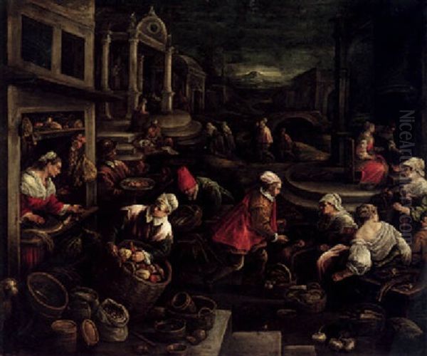 A Vegetable Market With A Church Beyond Oil Painting by Leandro Bassano