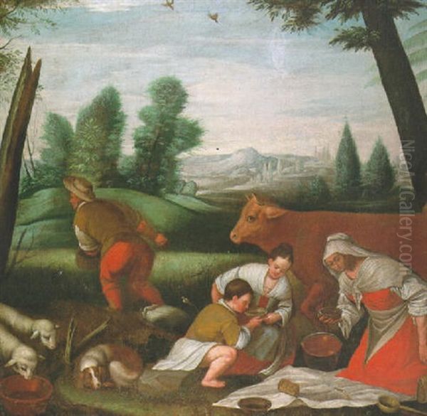 Peasants Eating By The Side Of A Field Oil Painting by Leandro Bassano
