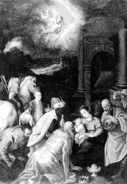 Anbetung Der Konige Mit Hirten Und Engeln Oil Painting by Leandro Bassano