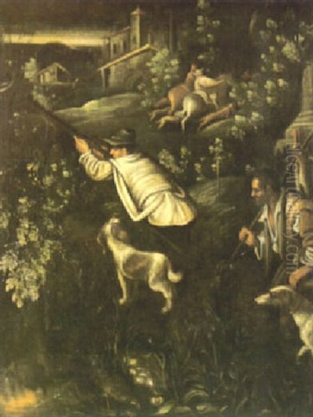 A Huntsman With His Servant In Attendance With A Hunting Party And A Quail Oil Painting by Leandro Bassano