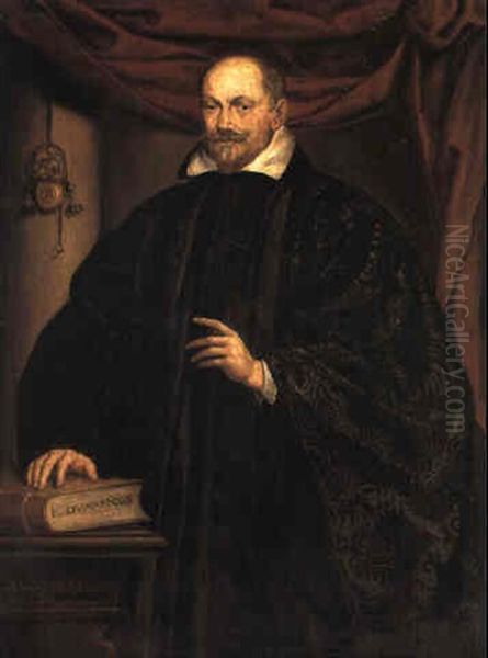 Portrait Of A Gentleman Standing Beside A Table Resting His Hand On A Book Oil Painting by Leandro Bassano