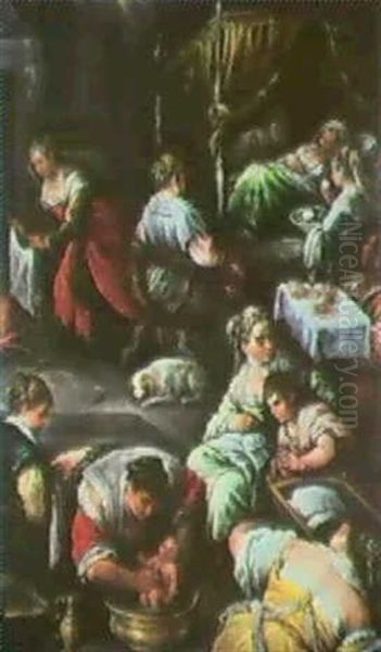 Geburt Mariens In Der Wochenb-ettstube Oil Painting by Leandro Bassano