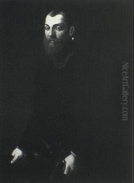 Portrait Of A Gentleman, Standing Three-quarter Length,     Wearing A Black Costume And A Gold Chain Oil Painting by Leandro Bassano