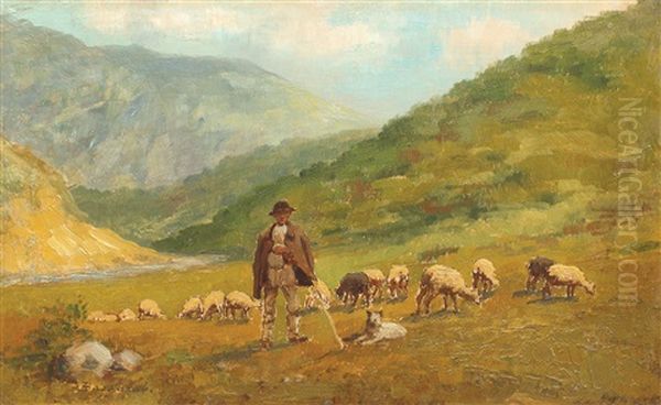 Ciobanas Cu Turma De Oi Oil Painting by Ludovic Bassarab
