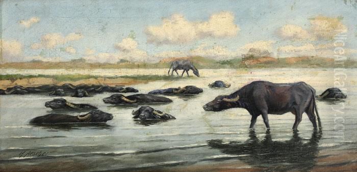 Buffalos Oil Painting by Hans Aesher