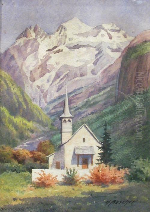 Church At The Mountain Foot Oil Painting by Hans Aesher