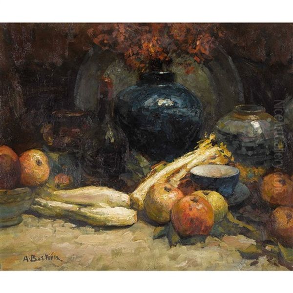 Stillleben Mit Obst, Gemuse Und Gefassen Oil Painting by Alfred Bastien