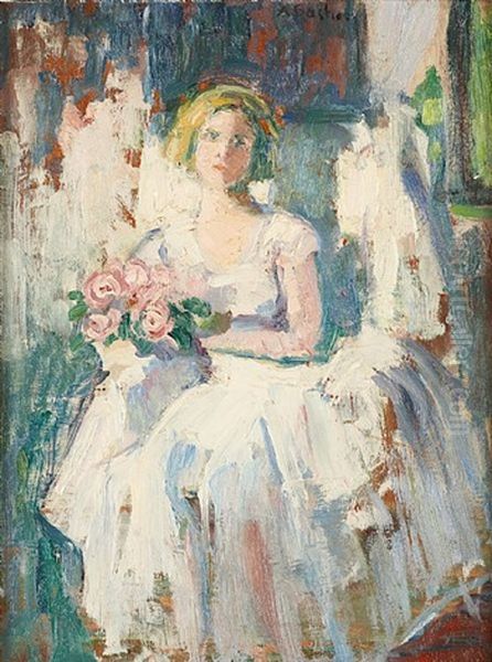 Jeune Fille Au Bouquet De Roses Oil Painting by Alfred Bastien