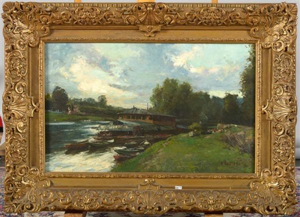 Bateau-lavoir Sur La Seine Oil Painting by Alfred Bastien